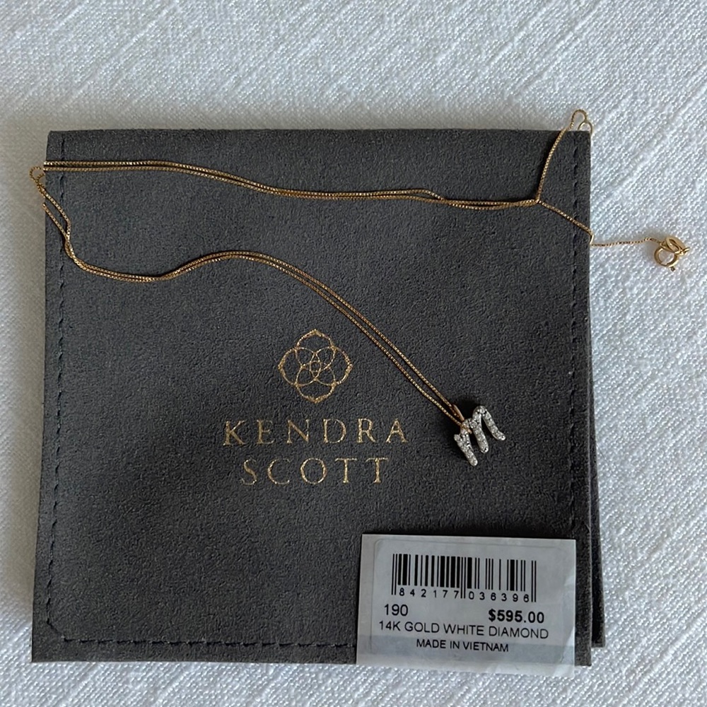 Kendra Scott 14k Gold White Diamond “M” necklace with 18” chain and Dust Bag